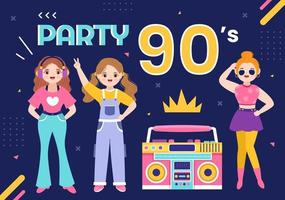 Illustration de fond de dessin animé de fête rétro des années 90 avec musique, baskets, radio et personnes du temps de danse dans un style plat à la mode vecteur