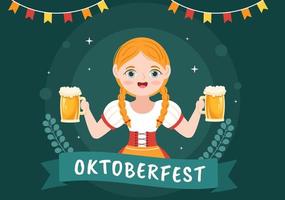 illustration de dessin animé du festival oktoberfest avec costume bavarois tenant des chopes à bière tout en dansant en allemand traditionnel dans un style plat vecteur