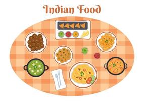 illustration de dessin animé de cuisine indienne avec diverses collections de délicieux plats de cuisine traditionnelle dans un style plat vecteur