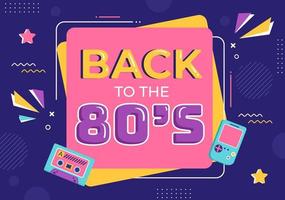 Illustration de fond de dessin animé de fête des années 80 avec musique rétro, lecteur de cassette radio 1980 et disco dans un style ancien