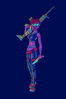 pistolet femme cyberpunk logo ligne pop art portrait fiction design coloré avec un fond sombre. illustration vectorielle abstraite. vecteur