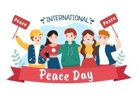 illustration de dessin animé de la journée internationale de la paix avec les mains, les jeunes, le globe et le ciel bleu pour créer la prospérité dans le monde dans un style plat vecteur