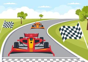 voiture de sport de course de formule atteindre sur le circuit de course l'illustration de dessin animé de la ligne d'arrivée pour gagner le championnat dans un style plat vecteur