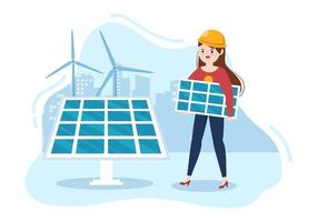 installation d'énergie solaire, entretien de panneaux ou d'éoliennes avec l'équipe de service à domicile pour l'exploitation du réseau électrique en illustration de dessin animé vecteur
