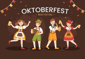 illustration de dessin animé du festival oktoberfest avec costume bavarois tenant un verre de bière tout en dansant en allemand traditionnel dans un style plat vecteur