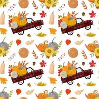 camion rouge de récolte d'automne avec des citrouilles colorées, des tournesols, des feuilles de forêt sèche. récolte, conception du thème du jour de thanksgiving. isolé sur fond blanc. vecteur