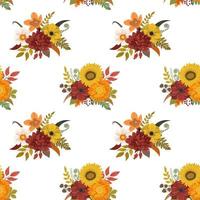 modèle sans couture de bouquets de fleurs de récolte d'automne avec des fleurs bordeaux, orange, jaunes et des feuilles de forêt. isolé sur fond blanc. fond d'écran du jour de thanksgiving d'automne. vecteur