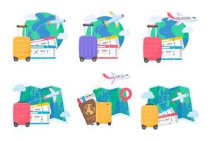 la carte du monde est épinglée pour planifier les voyages des compagnies aériennes internationales. avec bagages et billets d'avion vecteur