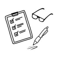 affaires définir des icônes dans un style doodle. liste de contrôle, stylo à bille et lunettes. illustration vectorielle dessinée à la main vecteur