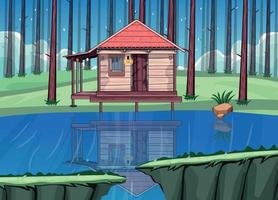 vecteur de dessin animé de fond de jeu, maison au bord du lac