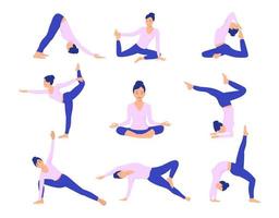 femme dans des poses de yoga. illustration vectorielle en style cartoon. vecteur