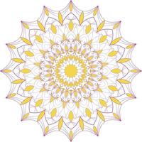 conception ornementale de mandala de coloration de vecteur scintillant. jaune et violet. cercle et symétrique