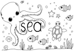 mignons bébés poissons, poulpes, jeu de lignes isolées de tortues doodles isolés. croquis de collection d'illustrations vectorielles dessinées à la main mer. vecteur