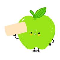 mignon personnage drôle de pomme verte avec affiche. icône d'illustration de personnage de dessin animé kawaii dessiné à la main de vecteur. isolé sur fond blanc. concept de personnage de pomme verte vecteur