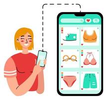 commande de vêtements en ligne. femme utilisant l'application et faisant des achats en ligne avec le téléphone. achats à domicile. illustration vectorielle plane sur fond blanc. vecteur