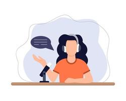 notion de podcast. femme parlant avec le public. podcasteur à l'antenne. vecteur