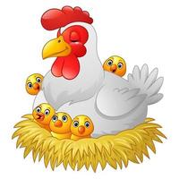 poule de dessin animé mignon avec des poulets assis dans un nid