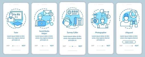 écran de la page de l'application mobile d'intégration bleue des emplois à temps partiel avec des concepts linéaires. tuteur, photographe, sauveteur. instructions graphiques des étapes de la procédure pas à pas. ux, ui, modèle vectoriel gui avec illustrations