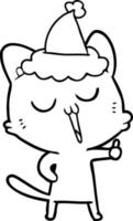dessin au trait d'un chat chantant portant un bonnet de noel vecteur