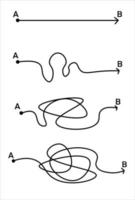 illustration de solution simple et complexe. chaos, problème résolu. doodle dessiné à la main et gribouillis de lignes de chaos. vecteur