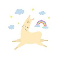 mignon lama volant dans le ciel. alpaga de dessin animé, arc-en-ciel, étoiles et nuages. vecteur