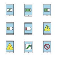 jeu d'icônes de couleur de smartphone. charge de la batterie du smartphone faible et élevée, erreur, faq, paramètres, pas de signal. illustrations vectorielles isolées