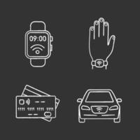 ensemble d'icônes de craie de technologie nfc. smartwatch en champ proche, bracelet, cartes de crédit, voiture. illustrations de tableau de vecteur isolé