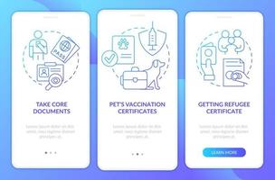 effets personnels et documents écran de l'application mobile d'intégration en dégradé bleu. pages d'instructions graphiques en 3 étapes avec des concepts linéaires. ui, ux, modèle d'interface graphique. vecteur