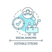 icône de concept turquoise d'analyse sociale. recherche d'enjeu. la planification sociale organise l'illustration de la ligne mince d'idée abstraite. dessin de contour isolé. trait modifiable. vecteur