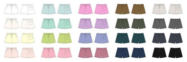 ensemble de modèle de conception de pantalon de short de croquis technique. collection de shorts décontractés avec poches et dentelles vecteur