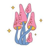 groupe trippant rétro isolé de fabuleux champignons vénéneux. Illustration colorée de dessin animé linéaire des années 70. vecteur