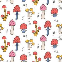 modèle sans couture groovy hippie aux champignons rétro des années 60 des années 70. style hippie de contour vintage, champignons d'été, agaric de mouche, fond psychédélique. texture dessinée à la main de vecteur des années soixante-dix.