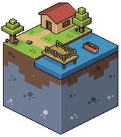 paysage isométrique pixel art avec maison, lac, terrasse en bois, bateau et arbres. jeu vectoriel 8 bits