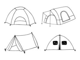doodle dessiné à la main serti de tentes de camp. vecteur cliparts noir et blanc.