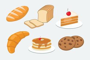 ensemble d'icônes de pain. produits de pâtisserie de boulangerie image vectorielle, pain de blé et de grains entiers, baguette française, croissant, bagel, tranches de gâteau, brioche, pain en osier et biscuit, illustration vectorielle isolée vecteur