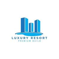 logo de complexe de luxe avec piscine et bâtiment vecteur icône symbole illustration design