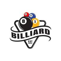 logo de conception d'insigne de sport de championnat de billard et texte simple, salle de billard ou club et équipe de billard, boule de billard, icône, symbole, modèle vecteur