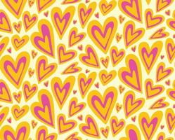 groovy coeurs jaunes violets fond vectoriel sans couture. fond d'écran de texture de répétition romantique hippie rétro, design textile.