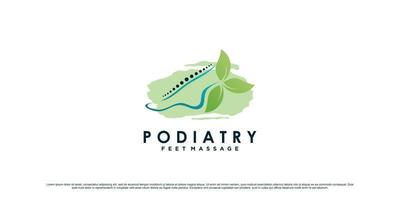 création de logo de podologie pour le massage naturel des pieds avec concept de cheville et élément de feuille vecteur premium