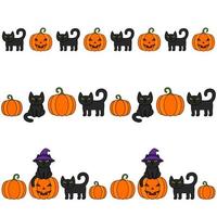 bordure d'halloween sertie de chats noirs et de citrouilles. chat noir en chapeau de sorcière. vecteur