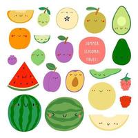 illustration super mignonne - fruits d'été de saison. collection dessinée à la main de différents fruits avec des visages souriants. jeu de caractères d'aliments sains vecteur