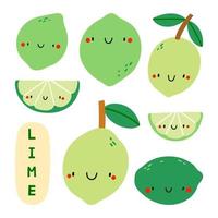ensemble super mignon - différents citrons verts dessinés à la main. caractère de citron vert de saison avec visage souriant. illustration de nourriture drôle vecteur