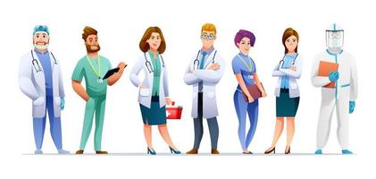 ensemble de personnages de dessins animés de médecin et d'infirmière isolés sur fond blanc vecteur