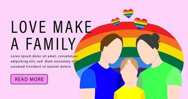 famille gay sur le fond du drapeau lgbt. illustration vectorielle dans un style plat. modèle de bannière lgbtq sur fond rose. vecteur