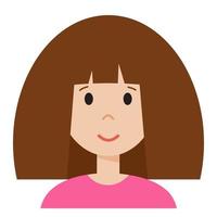 visage de femme drôle de bande dessinée, avatar mignon ou portrait. fille aux cheveux noirs. jeune personnage pour le web dans un style plat. imprimer pour autocollant, emoji, icône. visage minimaliste, illustration vectorielle vecteur