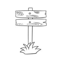 image monochrome, vieux panneau en bois sur un poteau, debout avec de l'herbe, illustration vectorielle en style cartoon sur fond blanc vecteur