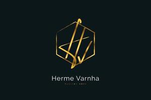 création initiale du logo h et v dans un style d'écriture manuscrite en or de luxe. logo ou symbole de signature hv pour le mariage, la mode, les bijoux, la boutique et l'identité de la marque d'entreprise vecteur