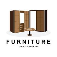 conception de logo de garde-robe, illustration de lieu de vêtements de meubles, vecteur d'icône de marque d'entreprise d'artisanat en bois