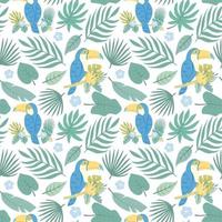 motif harmonieux d'été de feuilles tropicales avec un toucan bleu, une branche de palmier dans une palette vert-jaune sur fond blanc. pour la conception de produits, le textile, l'emballage, l'arrière-plan. vecteur