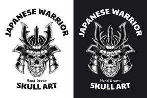 définir le samouraï du crâne de guerrier japonais avec un style de gravure dessiné à la main d'armure vecteur